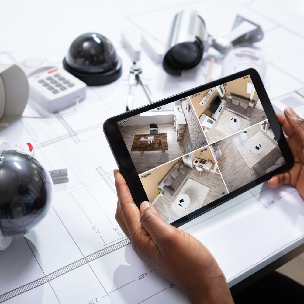 Person Watching Footage On Tablet With Security Equipment